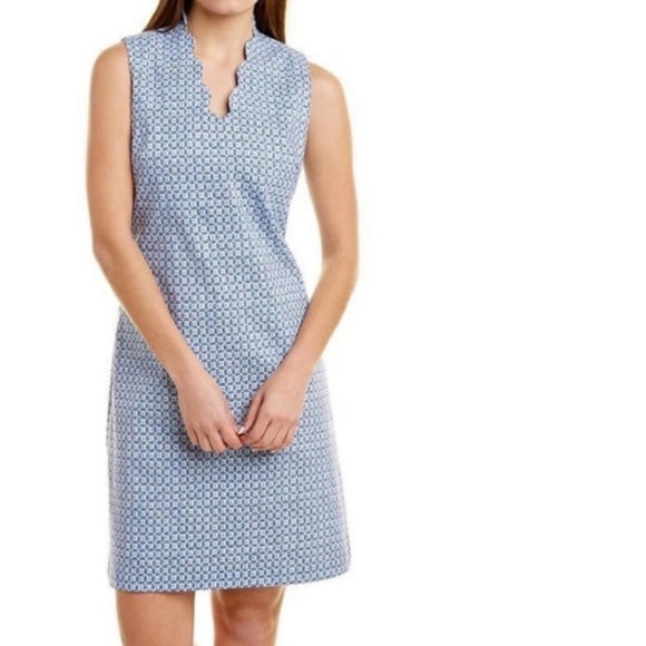 J. McLaughlin Vilma Dress Scalloped Neckline Geo-Print Blue Size 6 - Picture 1 of 11
